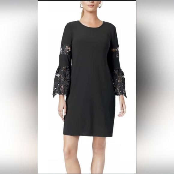 Alfani Lace Sleeve Pullover Midi Dress Size 8 Women's Black Stretch A-Line NWOT - Picture 15 of 16